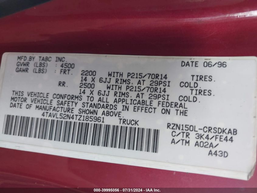 1996 Toyota Tacoma Xtracab VIN: 4TAVL52N4TZ185961 Lot: 39995056