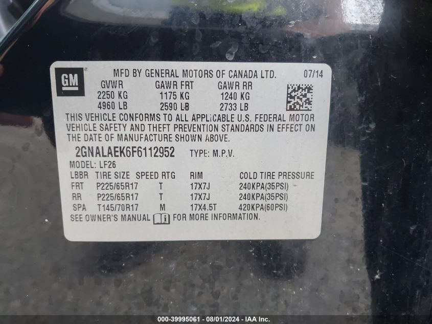 2015 Chevrolet Equinox Ls VIN: 2GNALAEK6F6112952 Lot: 39995061
