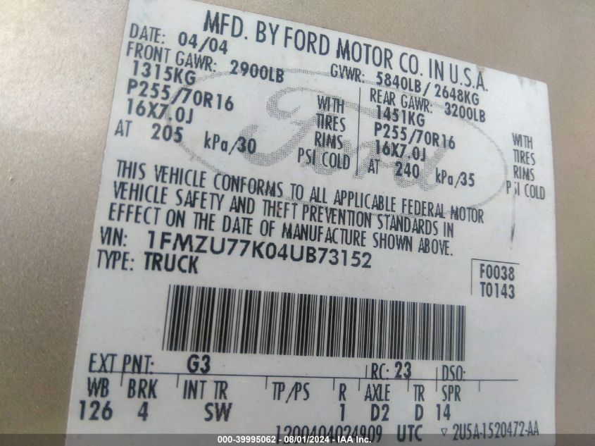 2004 Ford Explorer Sport Trac Adrenalin/Xls/Xlt VIN: 1FMZU77K04UB73152 Lot: 39995062