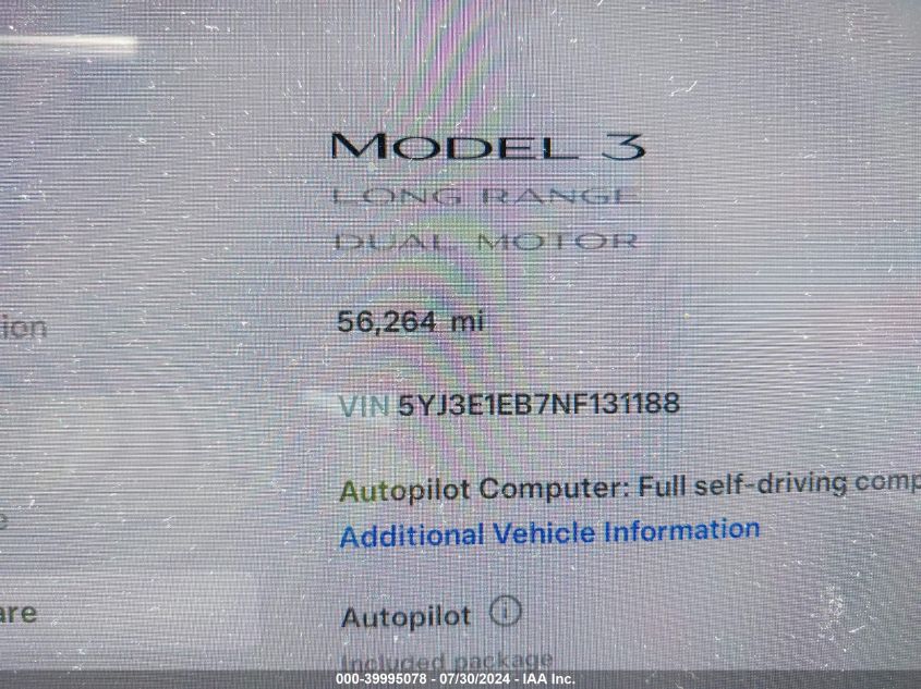 2022 Tesla Model 3 VIN: 5YJ3E1EB7NF131188 Lot: 39995078