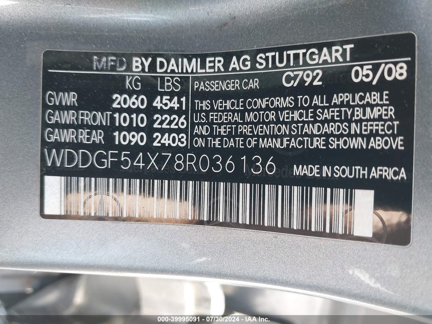 2008 Mercedes-Benz C 300 Luxury/Sport VIN: WDDGF54X78R036136 Lot: 39995091