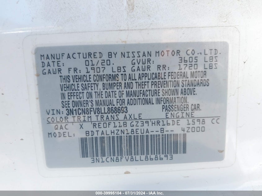 2020 Nissan Versa Sr VIN: 3N1CN8FV8LL868693 Lot: 39995104