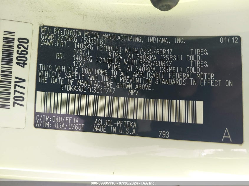 2012 Toyota Sienna Base 7 Passenger VIN: 5TDKA3DC1CS011747 Lot: 39995116