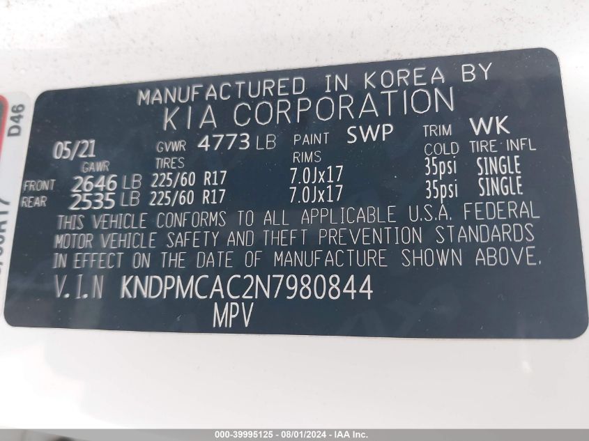 2022 KIA SPORTAGE 2.4L I-4 DI, DOHC, V(VIN: KNDPMCAC2N7980844