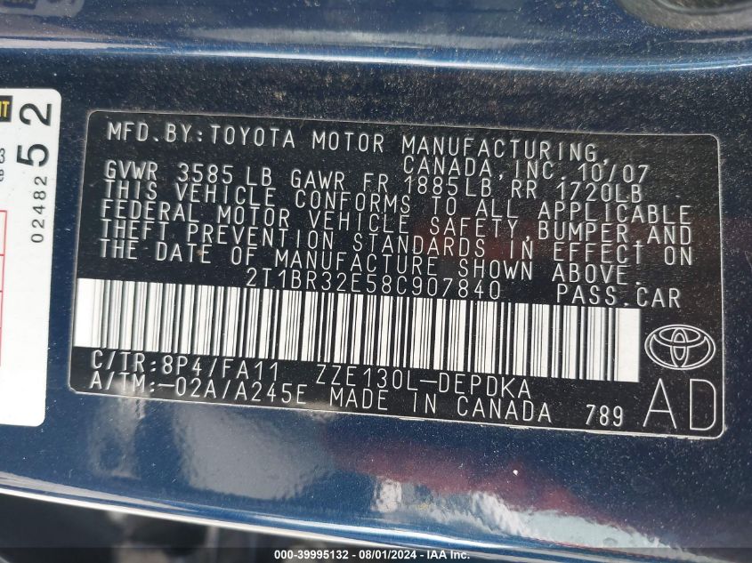 2008 Toyota Corolla Ce VIN: 2T1BR32E58C907840 Lot: 39995132