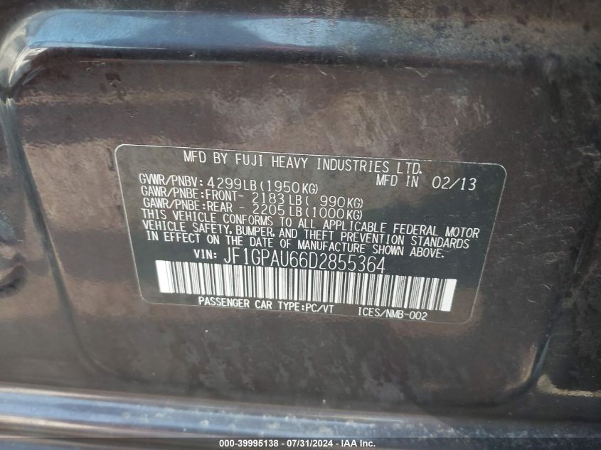 2013 Subaru Impreza 2.0I Sport Limited VIN: JF1GPAU66D2855364 Lot: 39995138