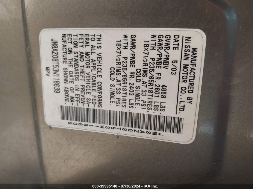 2003 Nissan Murano Sl VIN: JN8AZ08T53W118639 Lot: 39995140