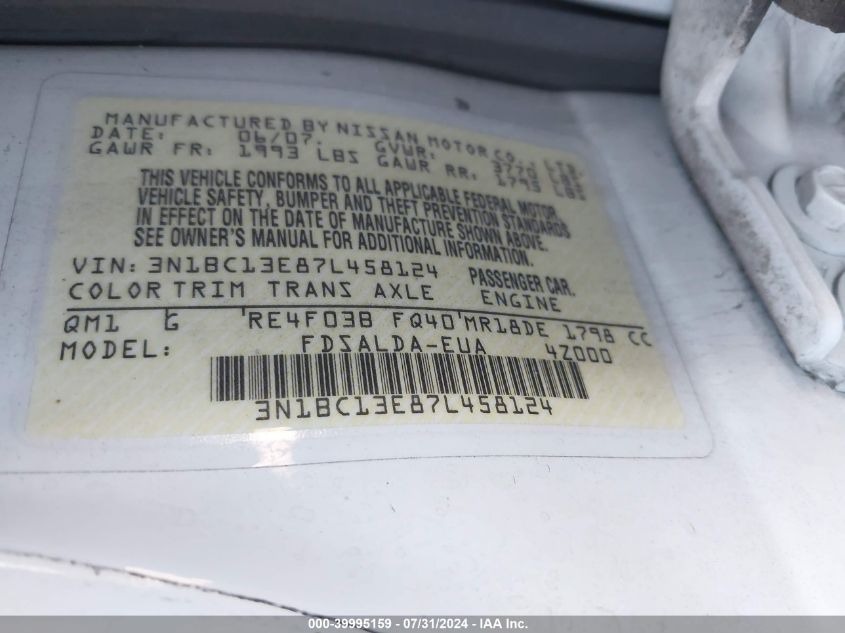 2007 Nissan Versa 1.8S VIN: 3N1BC13E87L458124 Lot: 39995159