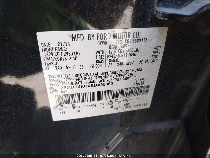 2014 Ford Edge Limited VIN: 2FMDK4KCXEBA38363 Lot: 39995161