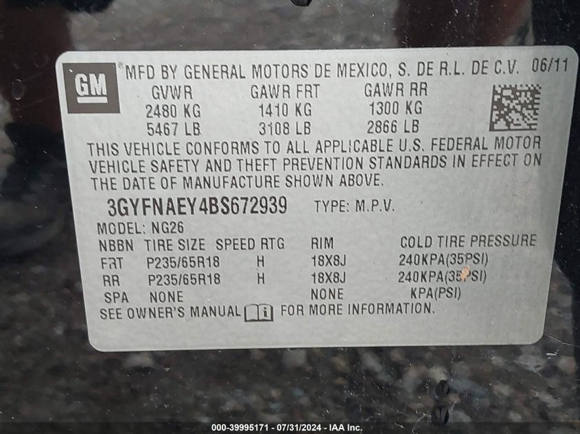 2011 Cadillac Srx Luxury Collection VIN: 3GYFNAEY4BS672939 Lot: 39995171