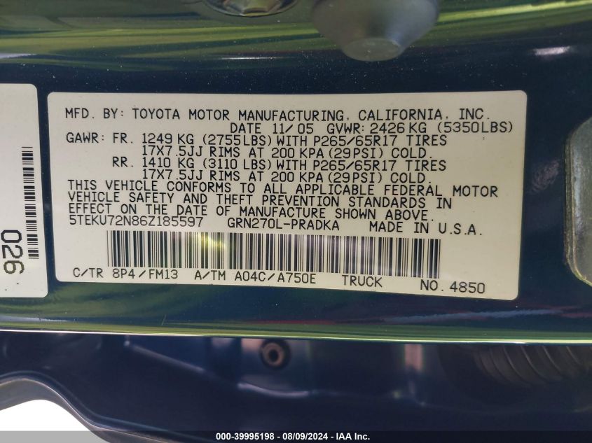 2006 Toyota Tacoma Prerunner V6 VIN: 5TEKU72N86Z185597 Lot: 39995198