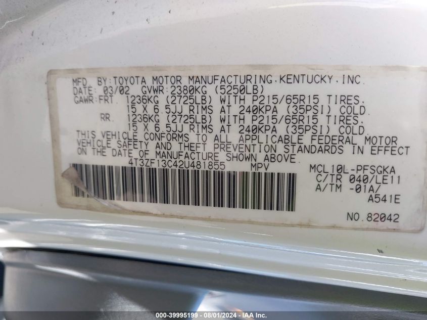 2002 Toyota Sienna Le/Xle VIN: 4T3ZF13C42U481855 Lot: 39995199