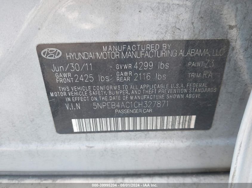 2012 Hyundai Sonata Gls VIN: 5NPEB4AC1CH327871 Lot: 39995204