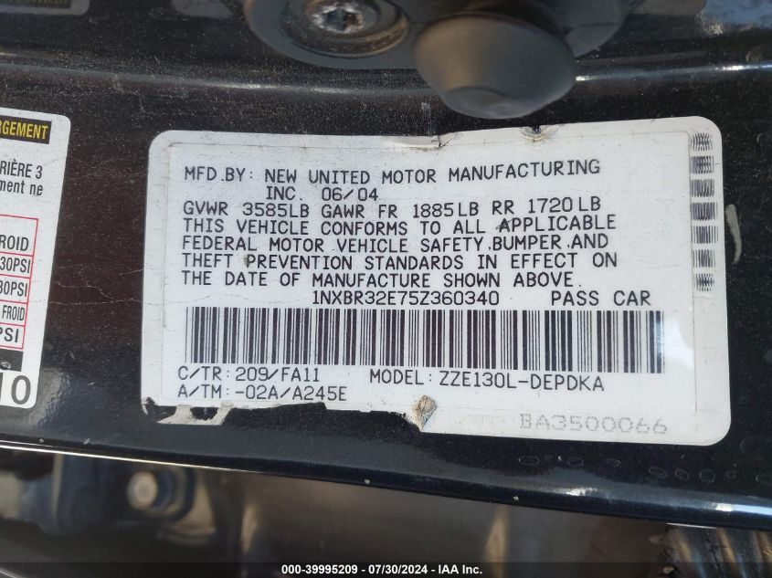 2005 Toyota Corolla Ce VIN: 1NXBR32E75Z360340 Lot: 39995209