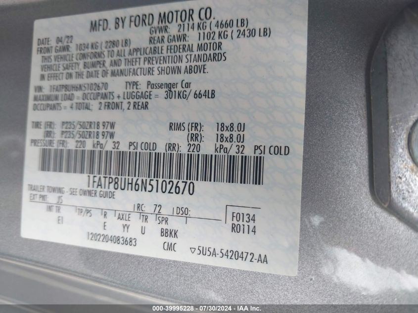 2022 Ford Mustang Ecoboost Premium VIN: 1FATP8UH6N5102670 Lot: 39995228