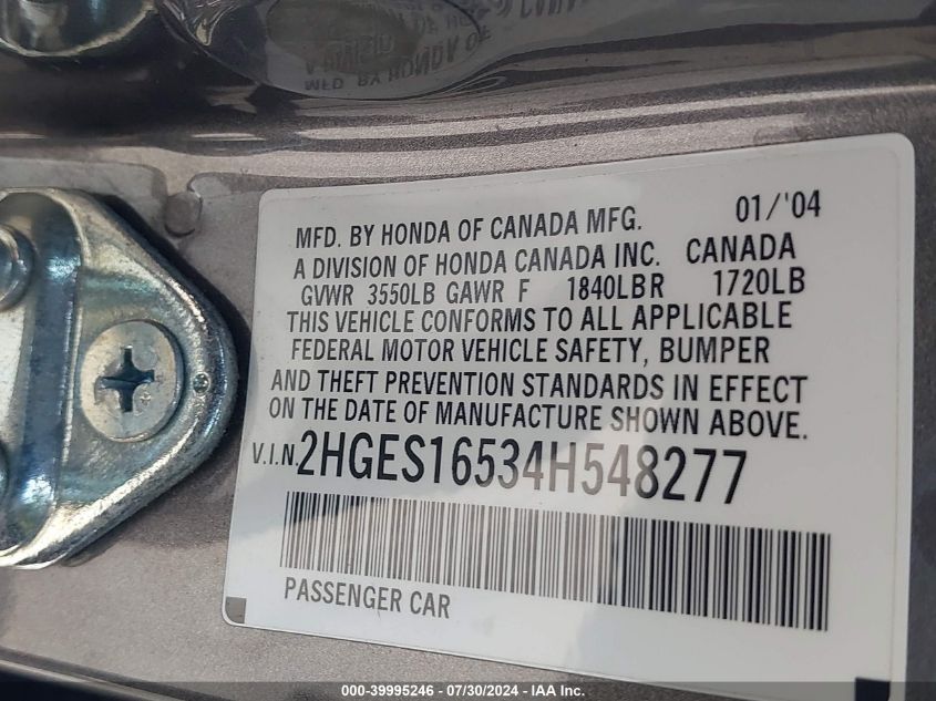 2004 Honda Civic Lx VIN: 2HGES16534H548277 Lot: 39995246