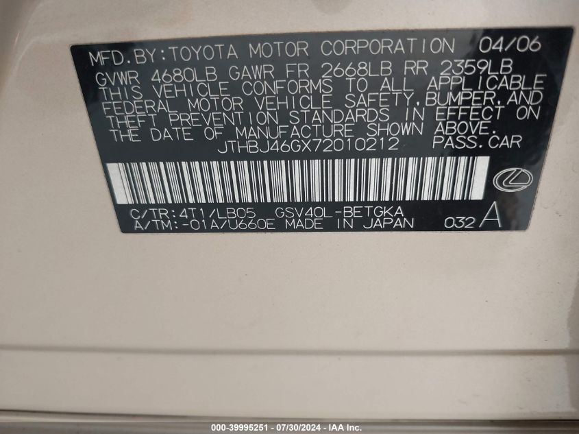 2007 Lexus Es 350 VIN: JTHBJ46GX72010212 Lot: 39995251