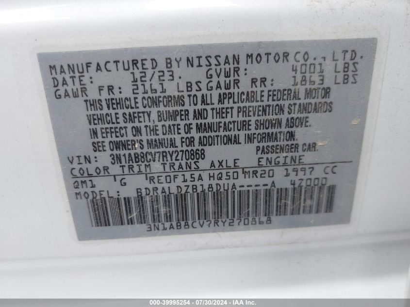2024 Nissan Sentra Sv Xtronic Cvt VIN: 3N1AB8CV7RY270868 Lot: 39995254