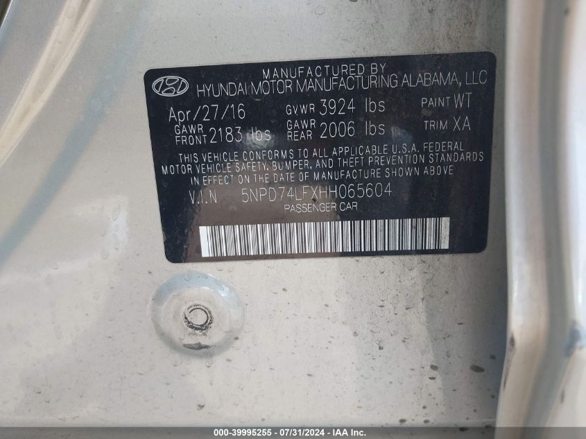 2017 Hyundai Elantra Se VIN: 5NPD74LFXHH065604 Lot: 39995255