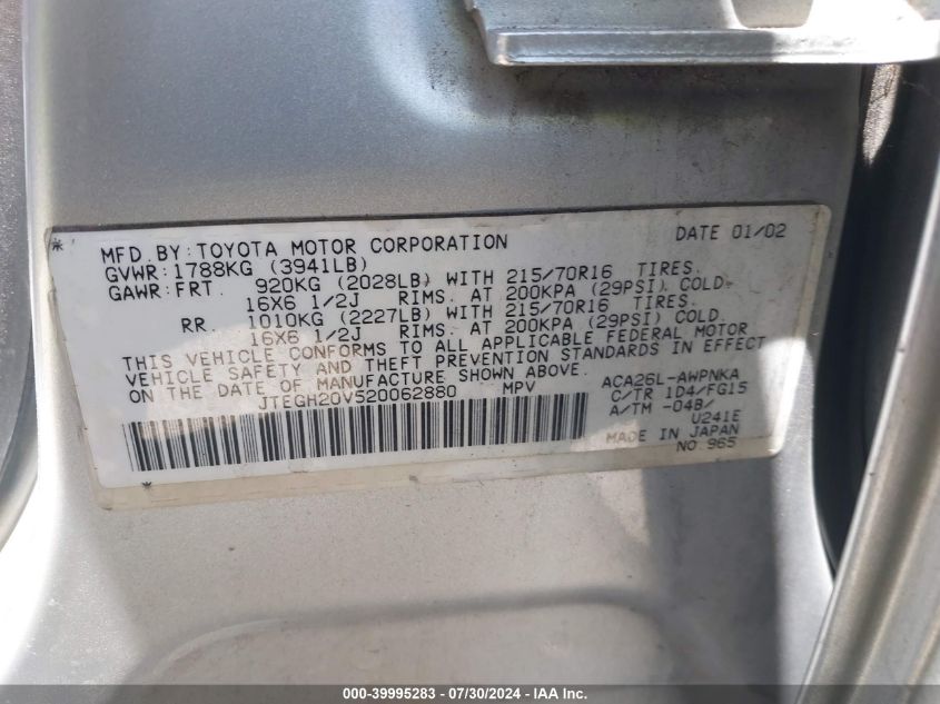 2002 Toyota Rav4 VIN: JTEGH20V520062880 Lot: 39995283