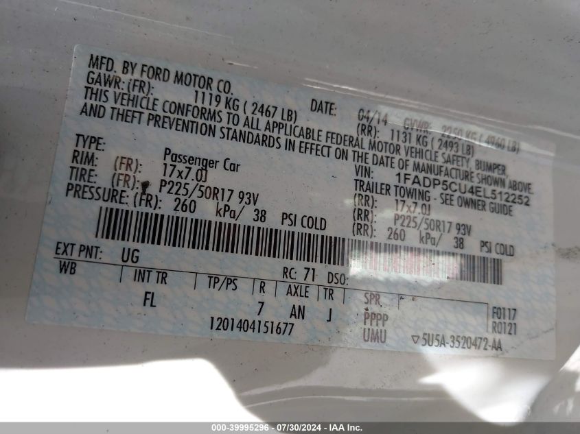 2014 Ford C-Max Energi Sel VIN: 1FADP5CU4EL512252 Lot: 39995296