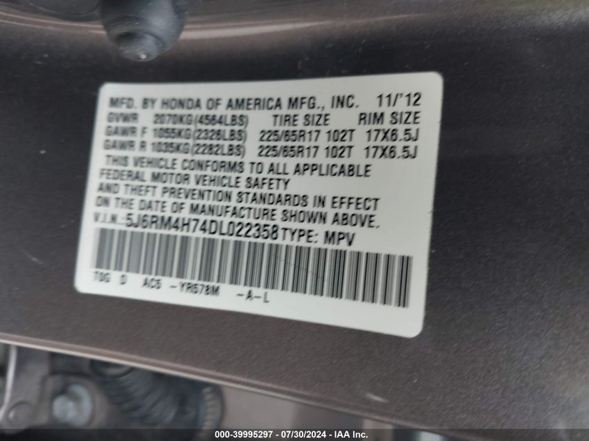 2013 Honda Cr-V Ex-L VIN: 5J6RM4H74DL022358 Lot: 39995297