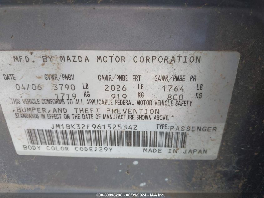 2006 Mazda 3 I VIN: JM1BK32F961525342 Lot: 39995298