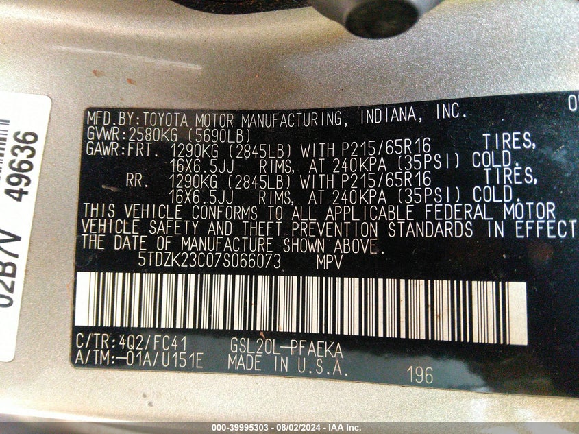 2007 Toyota Sienna Le VIN: 5TDZK23C07S066073 Lot: 39995303