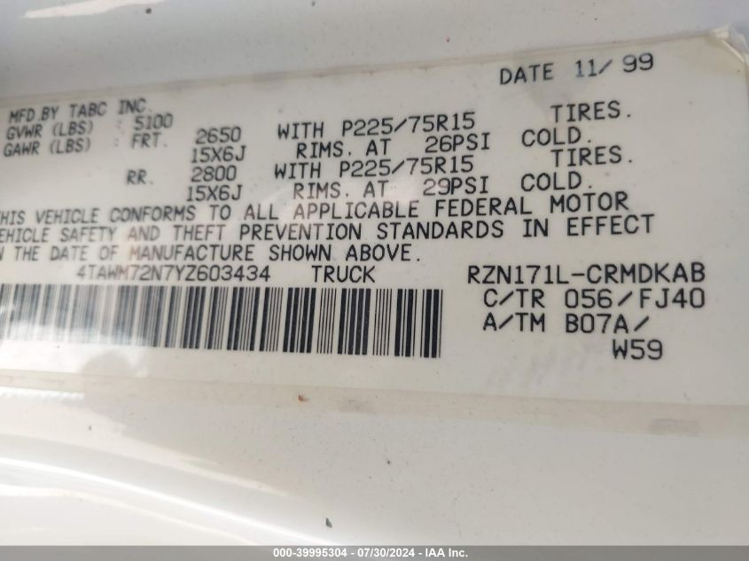 2000 Toyota Tacoma VIN: 4TAWM72N7YZ603434 Lot: 39995304