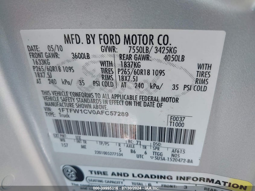 2010 Ford F-150 Fx2 Sport/Harley-Davidson/King Ranch/Lariat/Platinum/Xl/Xlt VIN: 1FTFW1CV0AFC57289 Lot: 39995316