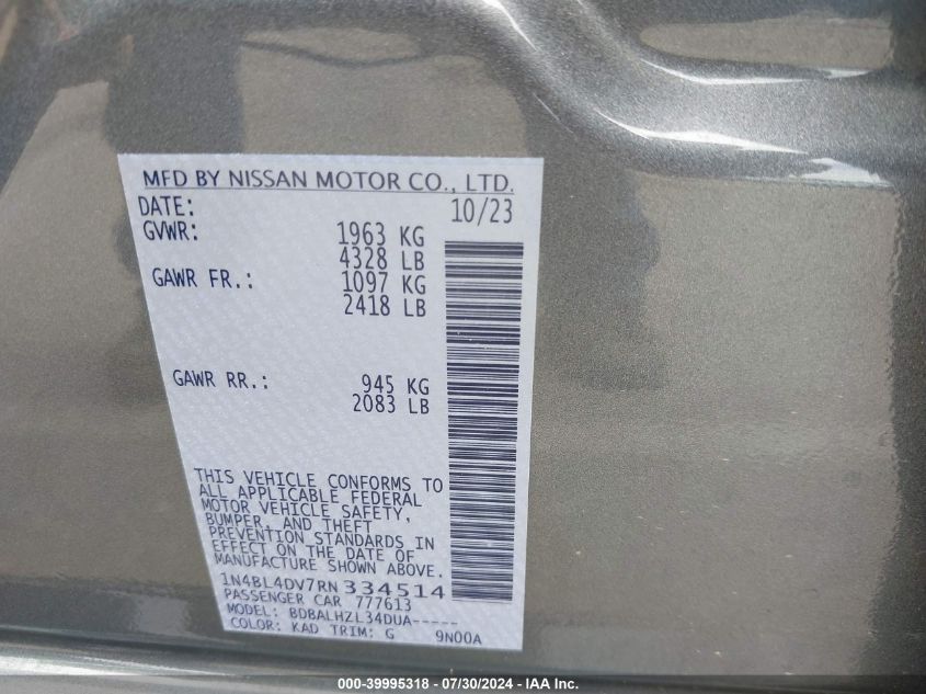 1N4BL4DV7RN334514 | 2024 NISSAN ALTIMA