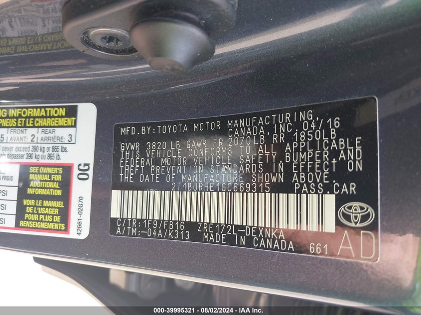 2016 TOYOTA COROLLA LE - 2T1BURHE1GC669315