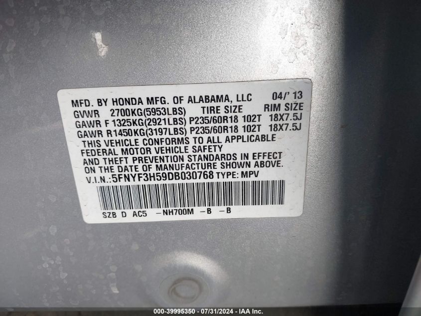 2013 Honda Pilot Exl VIN: 5FNYF3H59DB030768 Lot: 39995350