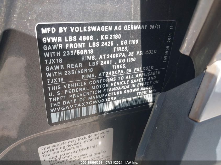 2012 Volkswagen Tiguan S/Se/Sel VIN: WVGAV7AX7CW000259 Lot: 39995359
