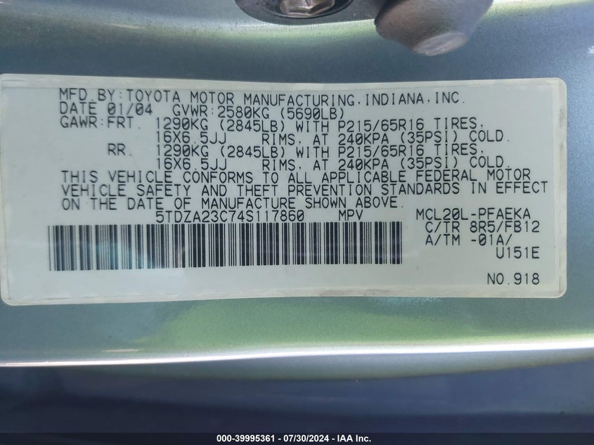2004 Toyota Sienna Le VIN: 5TDZA23C74S117860 Lot: 39995361