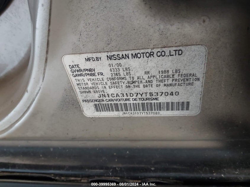 2000 Nissan Maxima Gle/Gxe/Se VIN: JN1CA31D7YT537040 Lot: 39995369