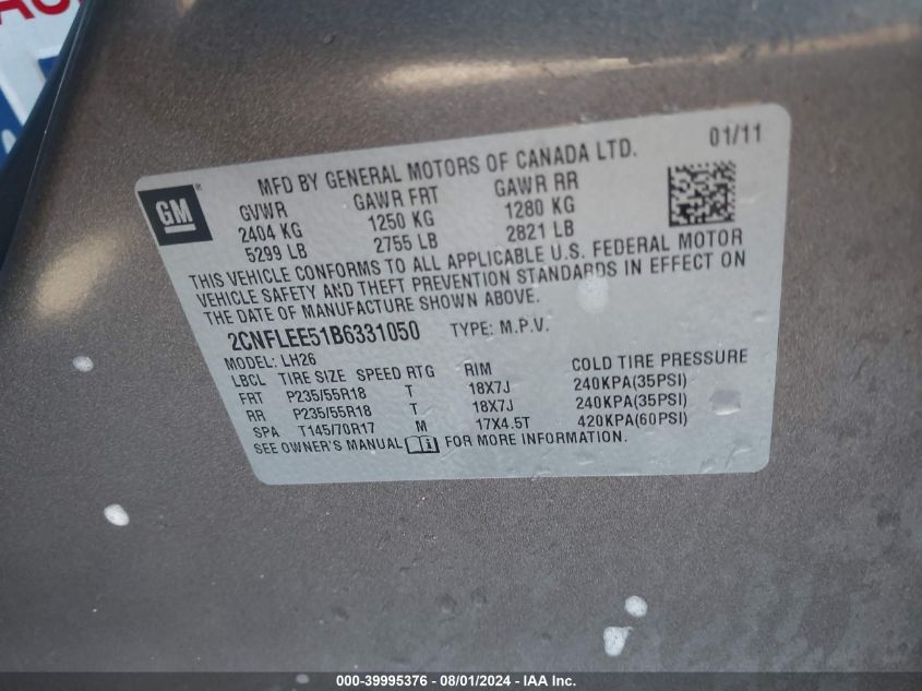 2011 Chevrolet Equinox 1Lt VIN: 2CNFLEE51B6331050 Lot: 39995376