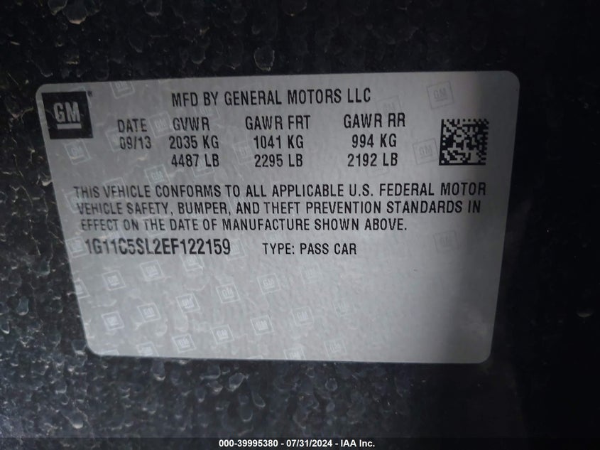 2014 Chevrolet Malibu 1Lt VIN: 1G11C5SL2EF122159 Lot: 39995380