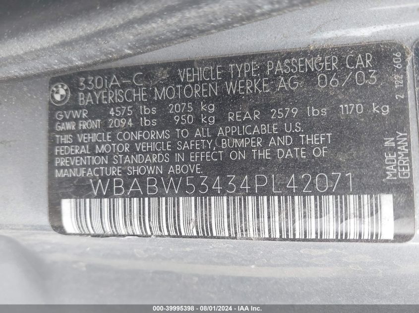 2004 BMW 330Ci Ci VIN: WBABW53434PL42071 Lot: 39995398