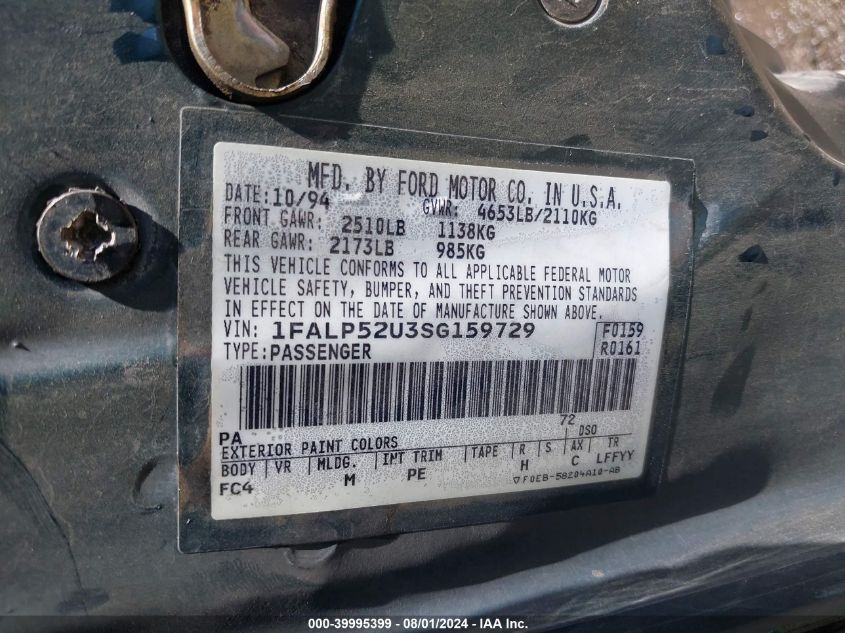 1995 Ford Taurus Gl/Se VIN: 1FALP52U3SG159729 Lot: 39995399