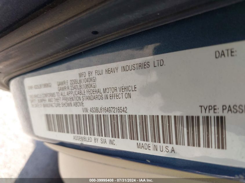 2009 Subaru Legacy 2.5I VIN: 4S3BL616497216542 Lot: 39995408