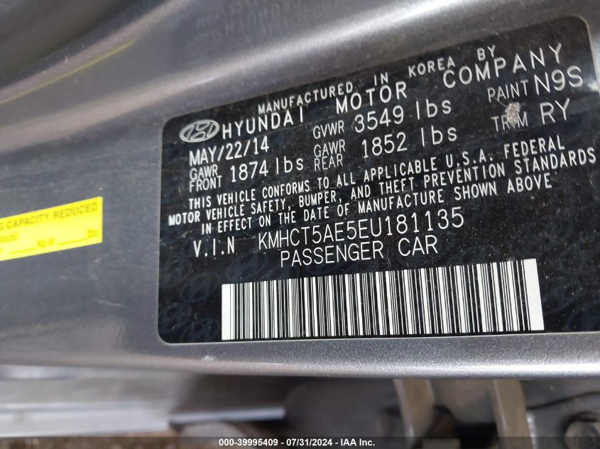2014 Hyundai Accent Gs VIN: KMHCT5AE5EU181135 Lot: 39995409