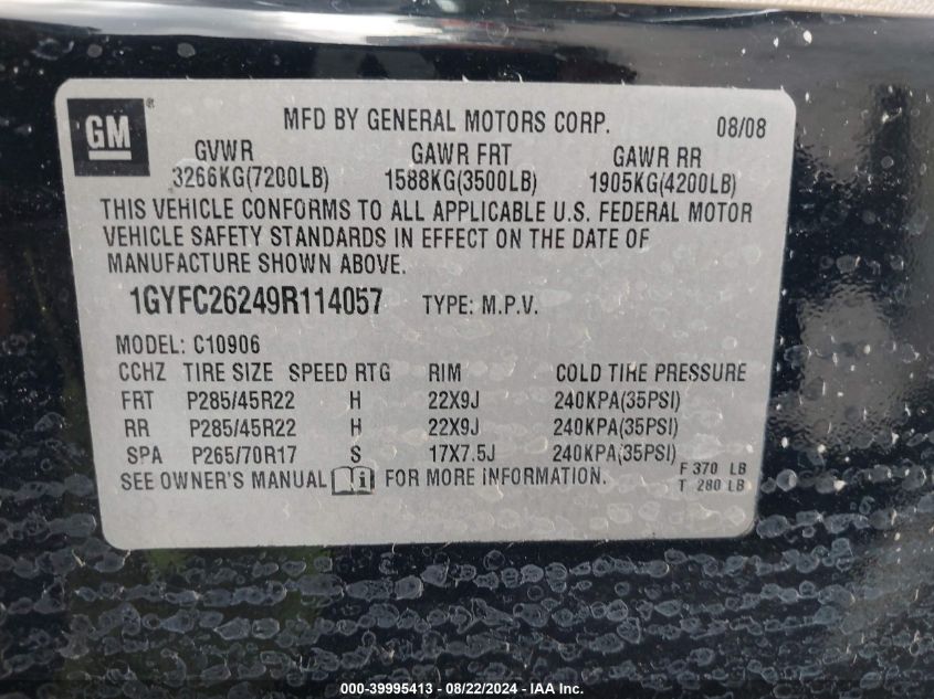 1GYFC26249R114057 2009 Cadillac Escalade Esv Standard