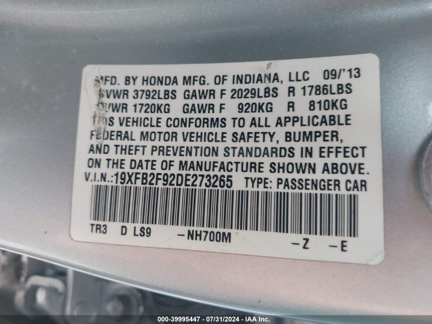 2013 Honda Civic Ex-L VIN: 19XFB2F92DE273265 Lot: 39995447