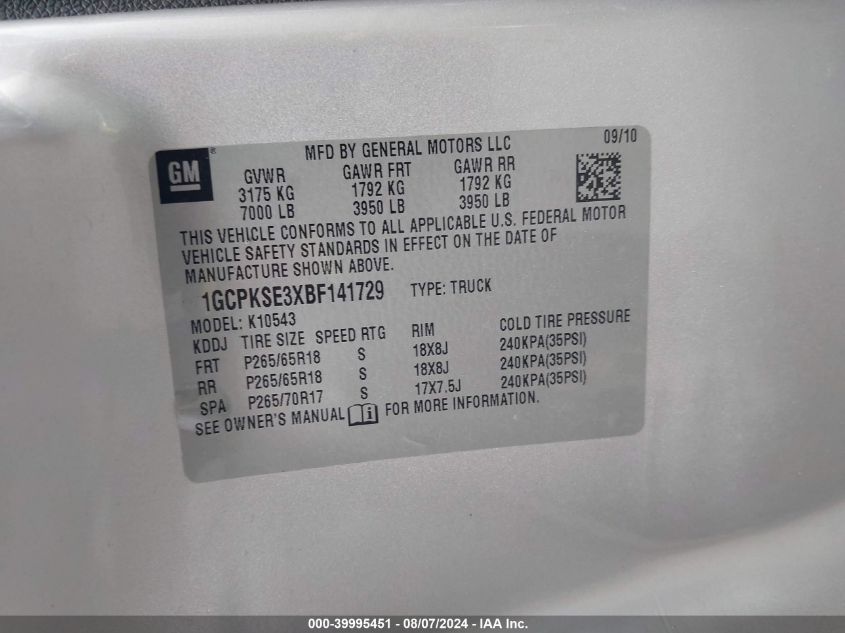 2011 Chevrolet Silverado 1500 Lt VIN: 1GCPKSE3XBF141729 Lot: 39995451