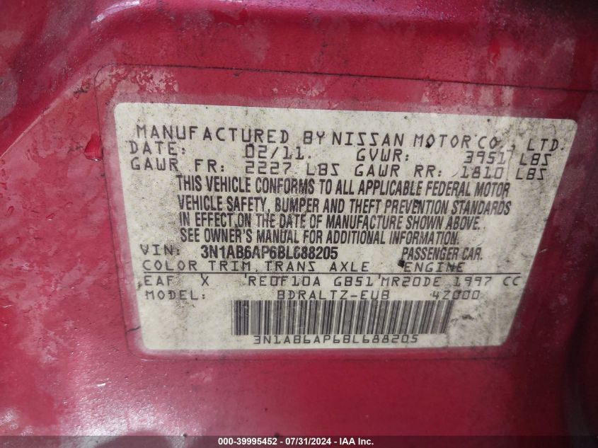 2011 Nissan Sentra 2.0Sr VIN: 3N1AB6AP6BL688205 Lot: 39995452