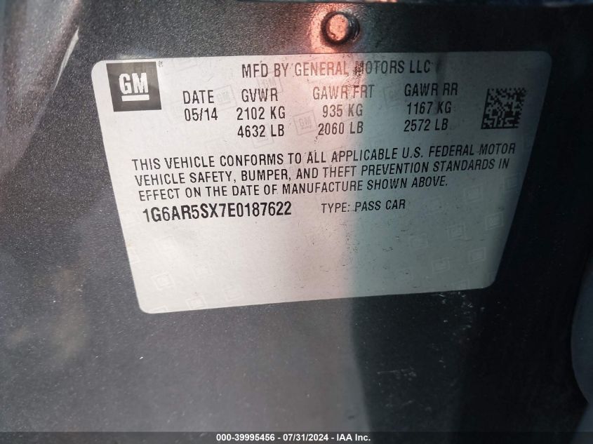 2014 Cadillac Cts Luxury VIN: 1G6AR5SX7E0187622 Lot: 39995456