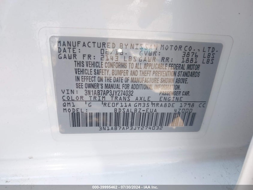 VIN 3N1AB7AP3JY274032 2018 NISSAN SENTRA S
