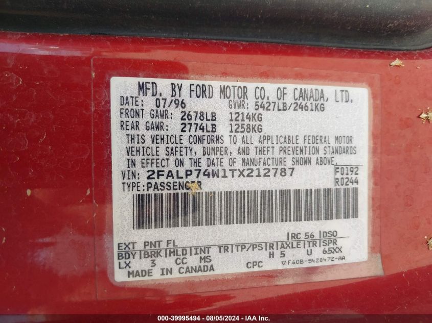 1996 Ford Crown Victoria Lx VIN: 2FALP74W1TX212787 Lot: 39995494
