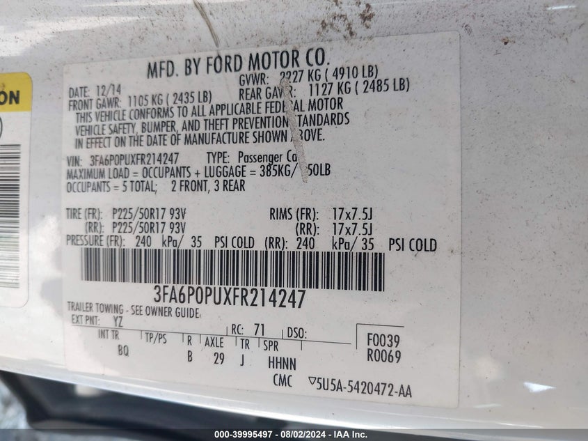 2015 Ford Fusion Energi Se Luxury VIN: 3FA6P0PUXFR214247 Lot: 39995497